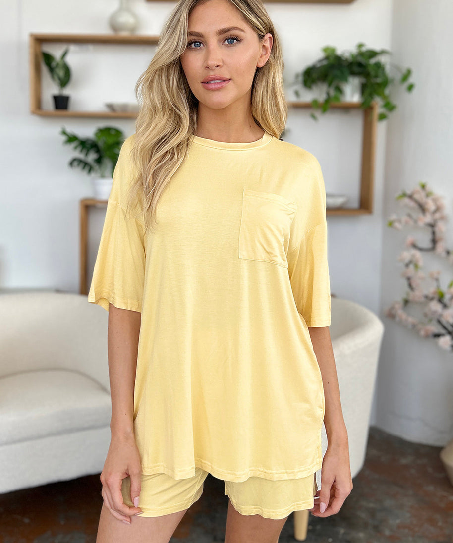 Basic Bae Bamboo Full Size Round Neck Drop Shoulder T-Shirt and Shorts Set