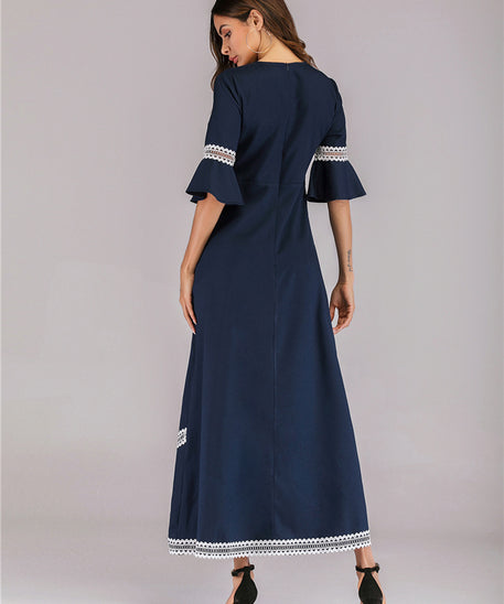 Muslim Long Dress with Lace Trim and Flare Sleeves