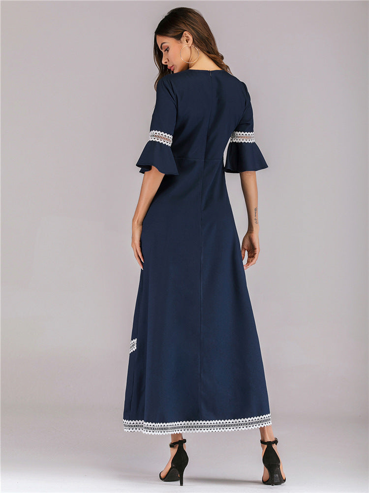 Muslim Long Dress with Lace Trim and Flare Sleeves