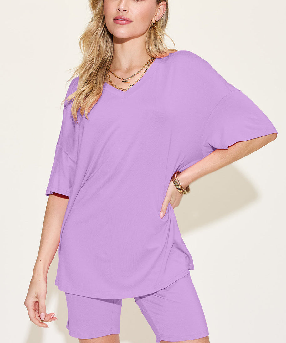 Basic Bae Bamboo Full Size  V-Neck Drop Shoulder T-Shirt and Shorts Set