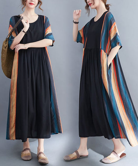 Striped Panel Swing Dress with Short Sleeves