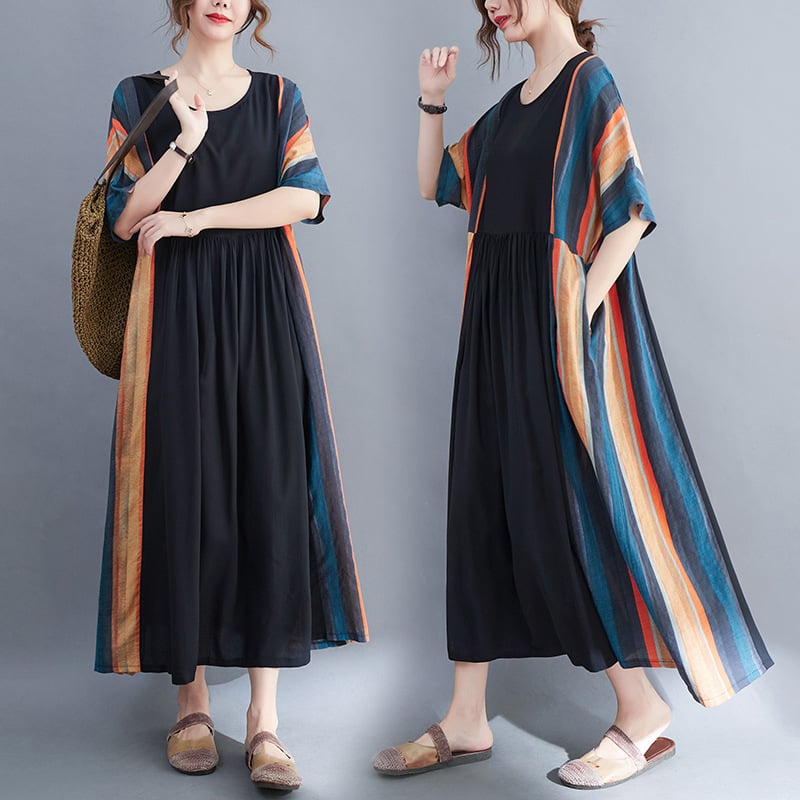 Striped Panel Swing Dress with Short Sleeves