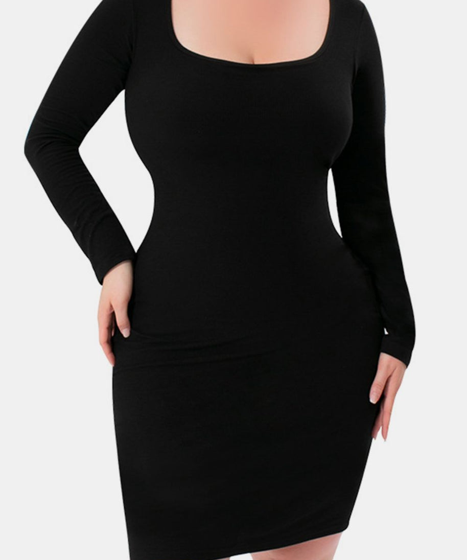 Basic Bae Full Size Built-In Shapewear Square Neck Long Sleeve Dress