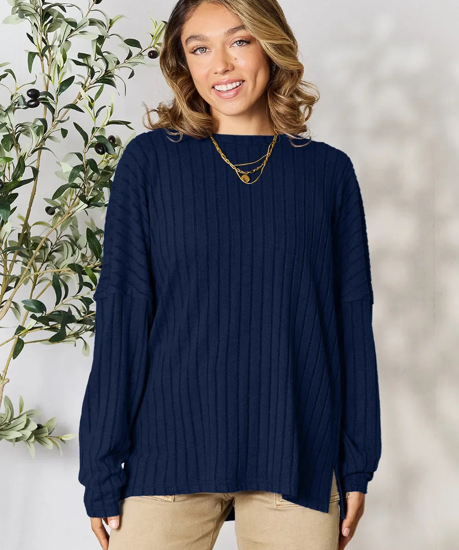 Basic Bae Full Size Ribbed Round Neck Slit Knit Top