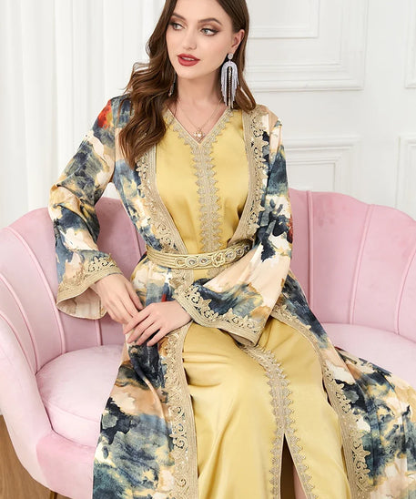 Morocco Muslim Abaya Dress 2 Piece Set with Embroidery