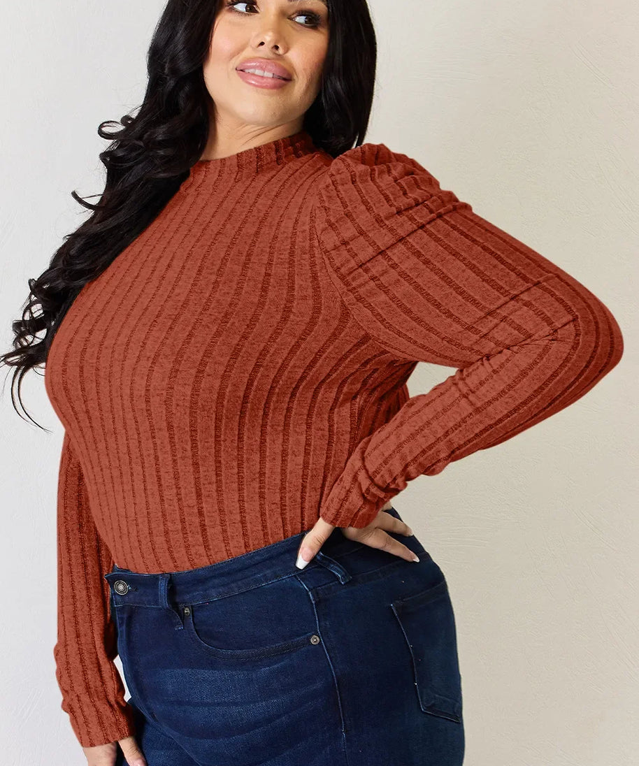 Basic Bae Full Size Ribbed Mock Neck Puff Sleeve T-Shirt