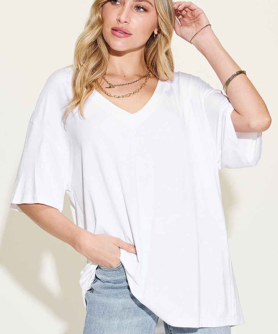 Basic Bae Full Size Bamboo V-Neck Drop Shoulder T-Shirt