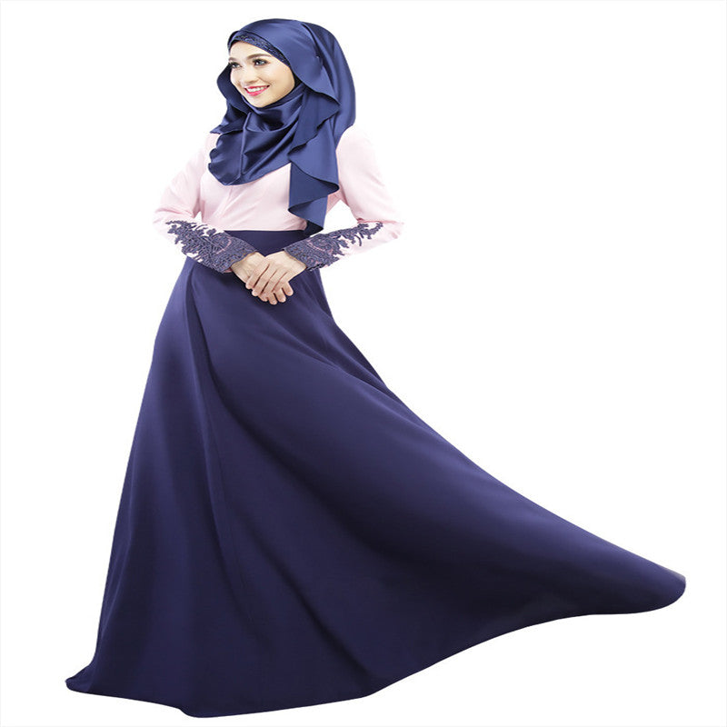 Stylish Color Block Muslim Long Dress with Lace Sleeves