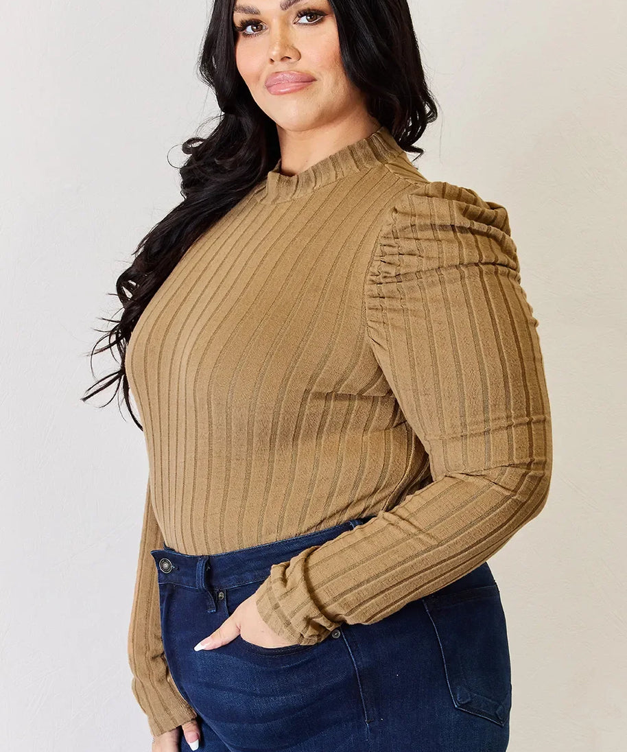 Basic Bae Full Size Ribbed Mock Neck Puff Sleeve T-Shirt