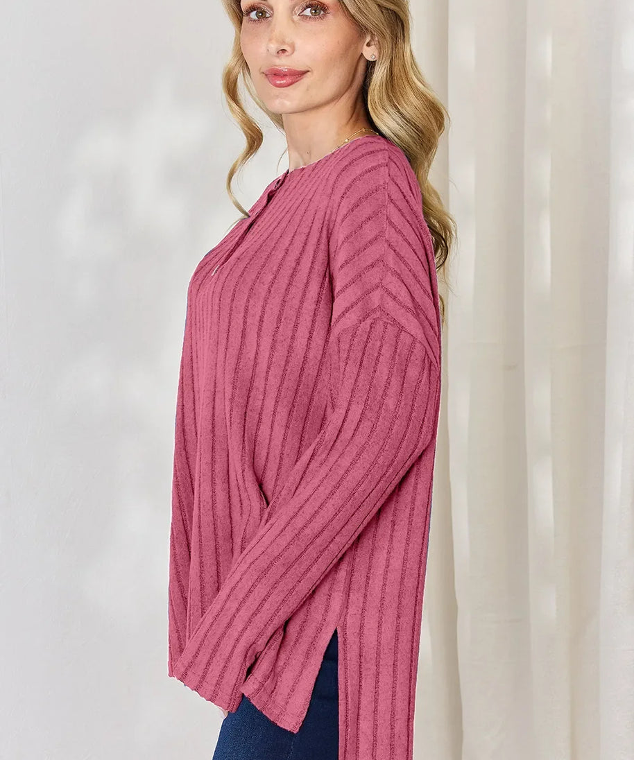 Basic Bae Full Size Ribbed Half Button Long Sleeve High-Low T-Shirt