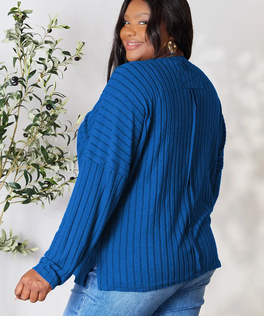 Basic Bae Full Size Ribbed Round Neck Slit Knit Top