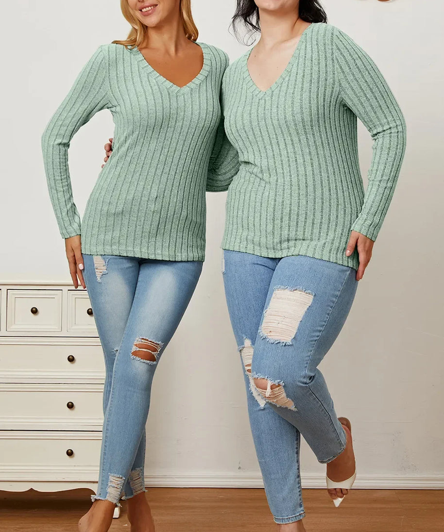 Basic Bae Full Size Ribbed V-Neck Long Sleeve T-Shirt