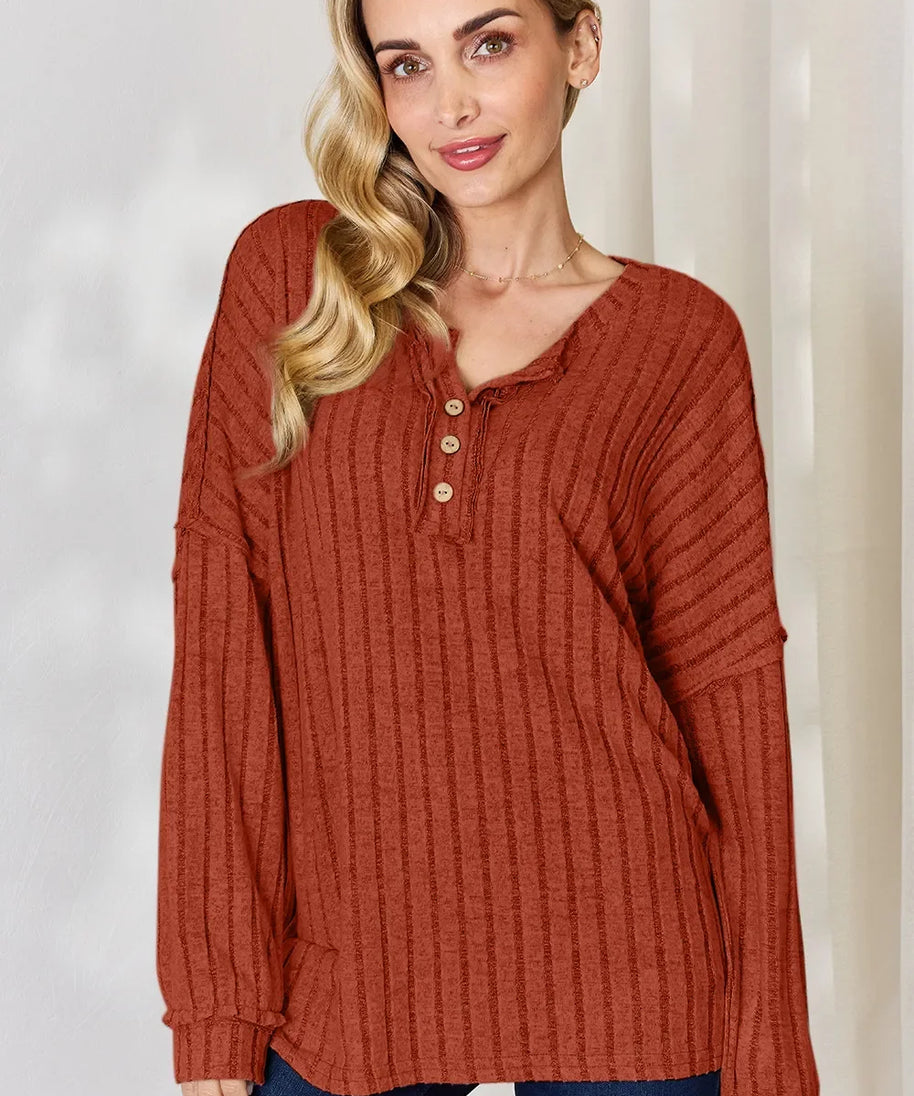 Basic Bae Full Size Ribbed Half Button Long Sleeve T-Shirt