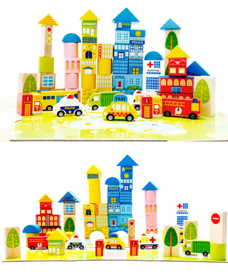 62-Piece City Traffic Wooden Building Blocks Set