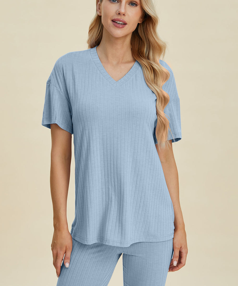 Basic Bae Full Size Ribbed V-Neck Short Sleeve Top and Shorts Set
