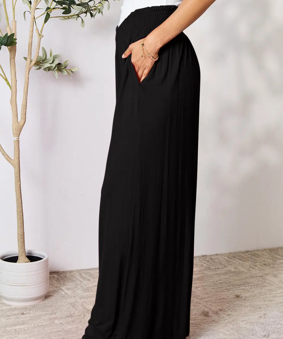 Basic Bae Full Size Smocked Wide Waistband Wide Leg Pants