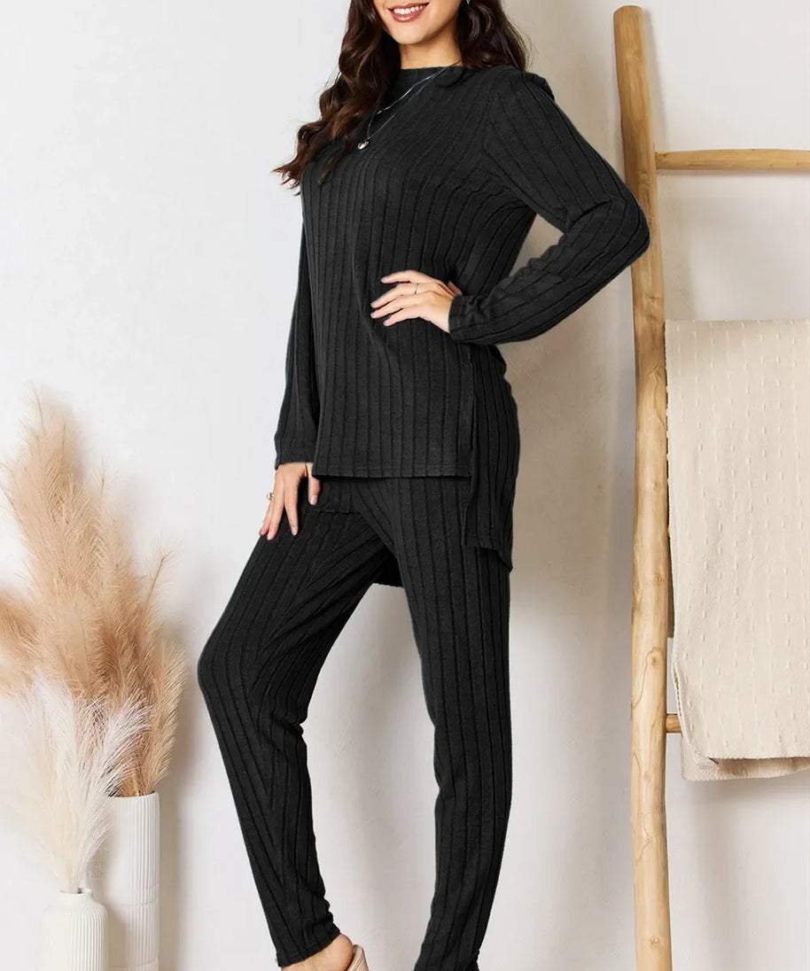 Basic Bae Full Size Ribbed Round Neck High-Low Slit Top and Pants Set