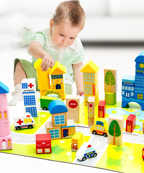 62-Piece City Traffic Wooden Building Blocks Set
