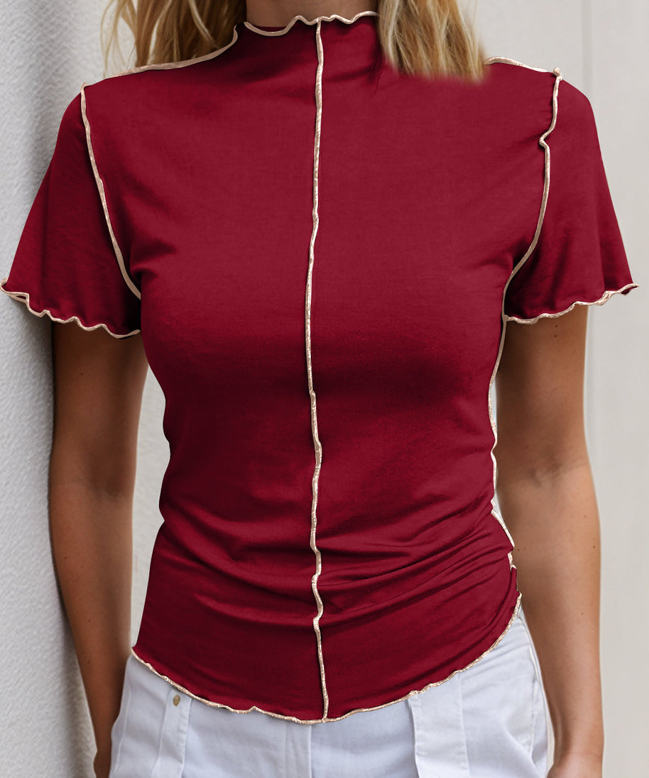 Basic Bae Contrast Trim Mock Neck Short Sleeve T-Shirt