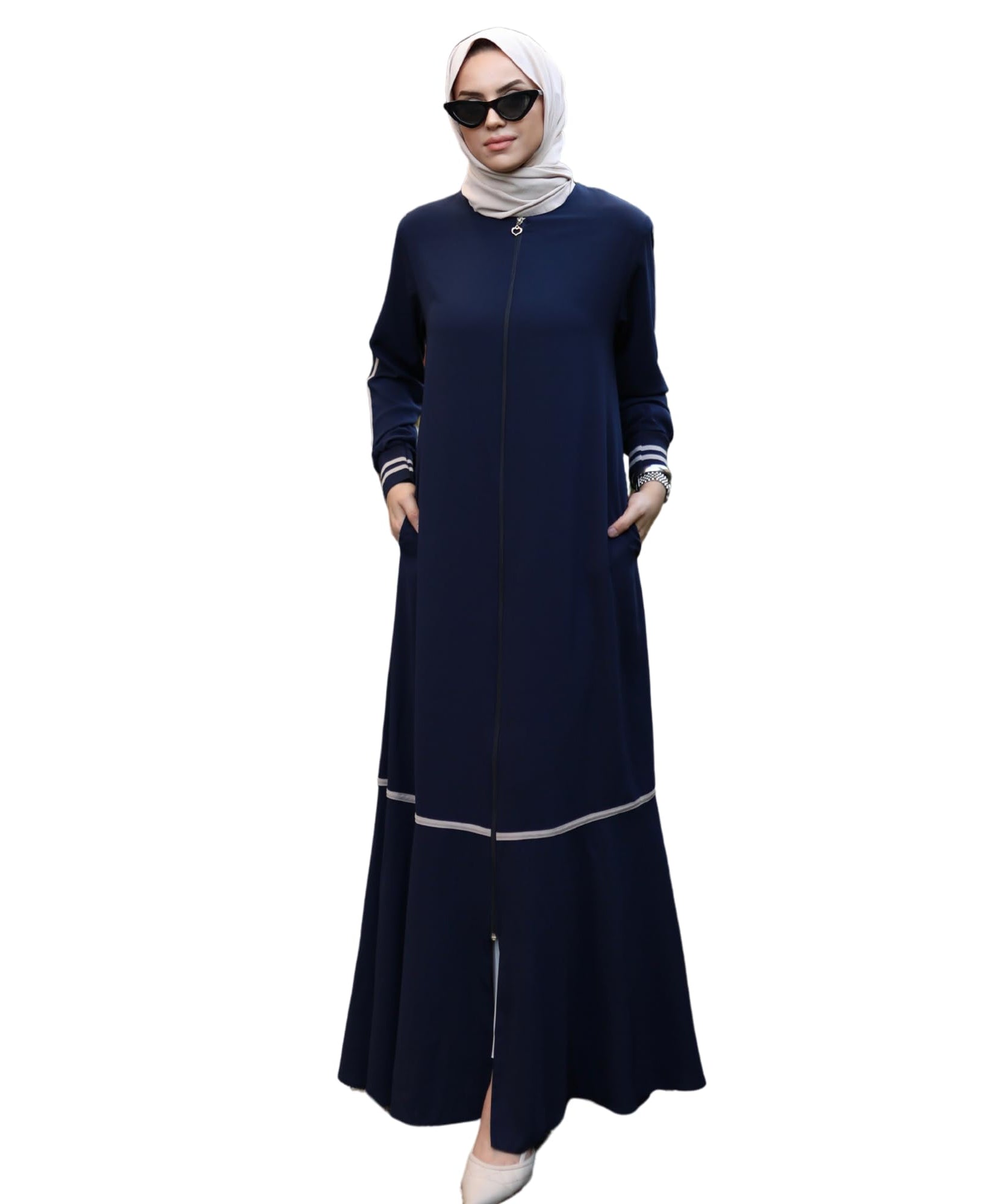 Abaya for Muslim Women Zipper and Stripe Detail on Skirt and Sleeves | Long Sleeve Dress Islamic Kaftan Hijab Robe Prayer
