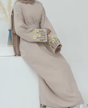 Floral Embroidery Muslim Dress for Women – Modest Viscose Abaya with Long Sleeves