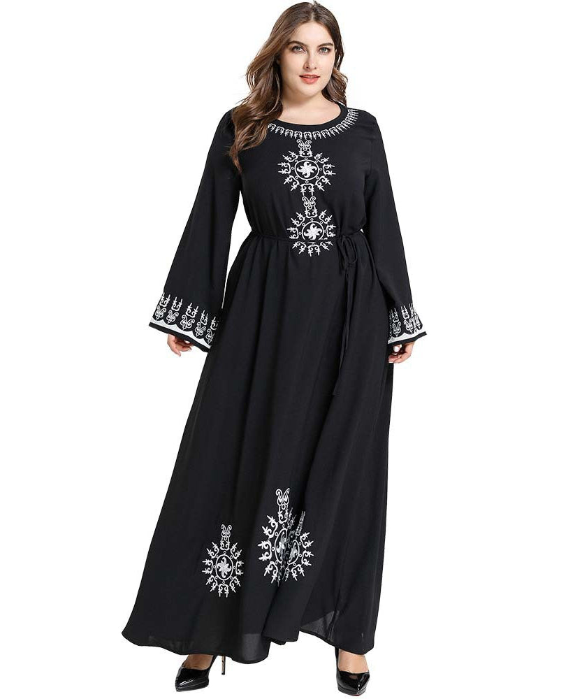 Embroidered Long Sleeve Belted Muslim Casual Skirt