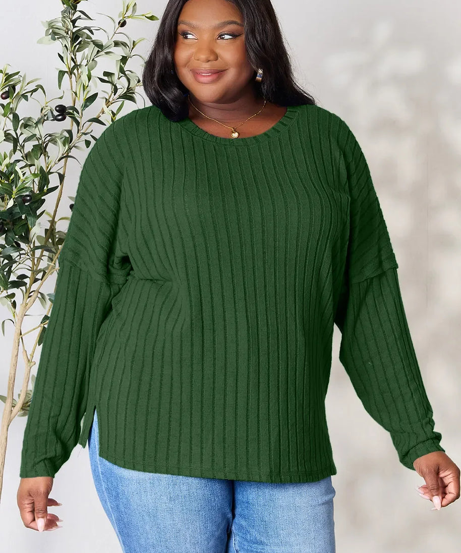 Basic Bae Full Size Ribbed Round Neck Slit Knit Top