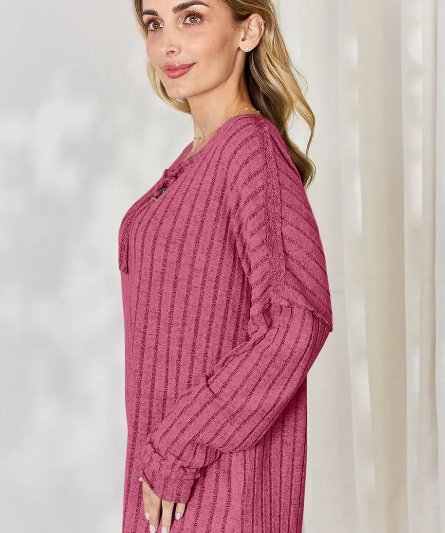 Basic Bae Full Size Ribbed Half Button Long Sleeve T-Shirt