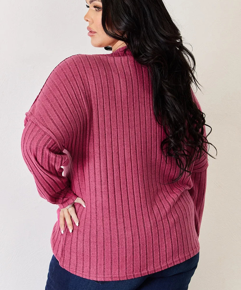 Basic Bae Full Size Ribbed Half Button Long Sleeve High-Low T-Shirt