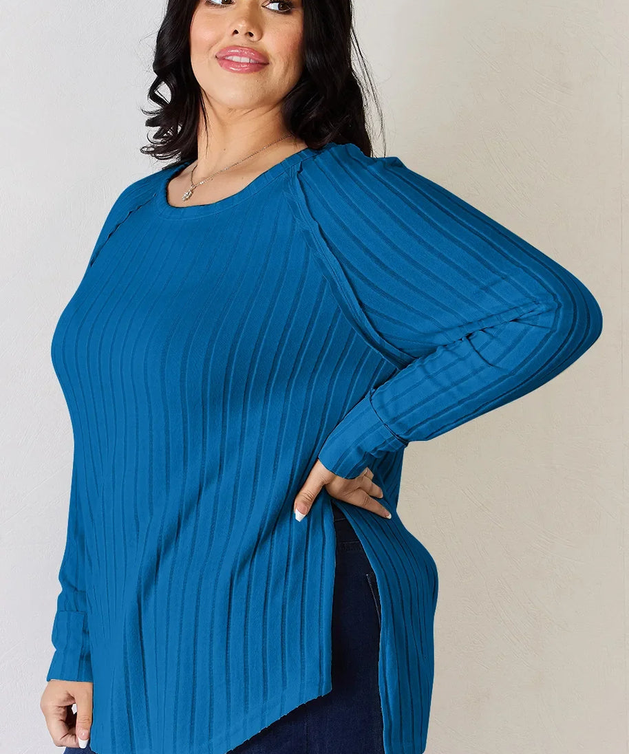 Basic Bae Full Size Ribbed Round Neck Slit T-Shirt