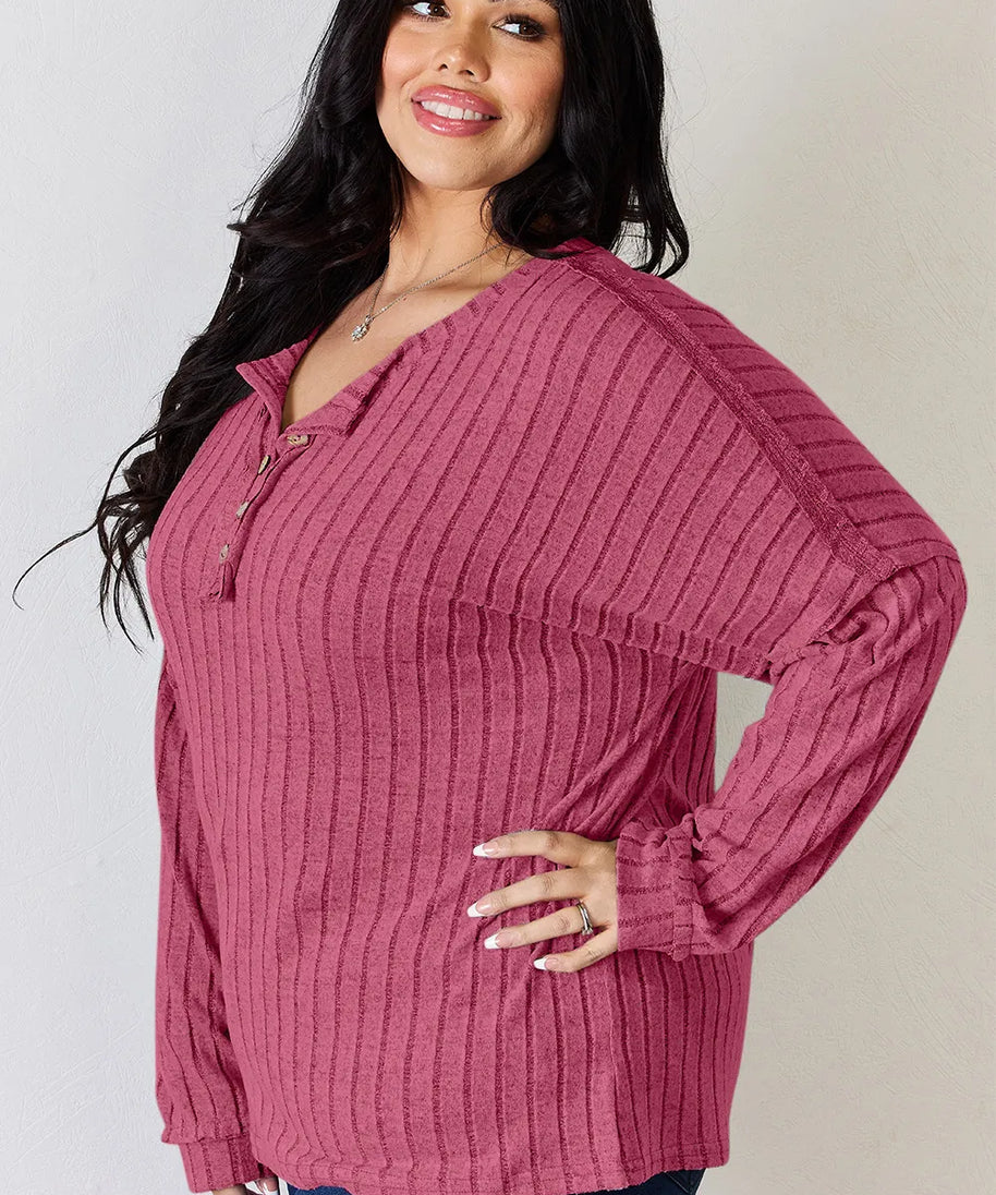 Basic Bae Full Size Ribbed Half Button Long Sleeve T-Shirt