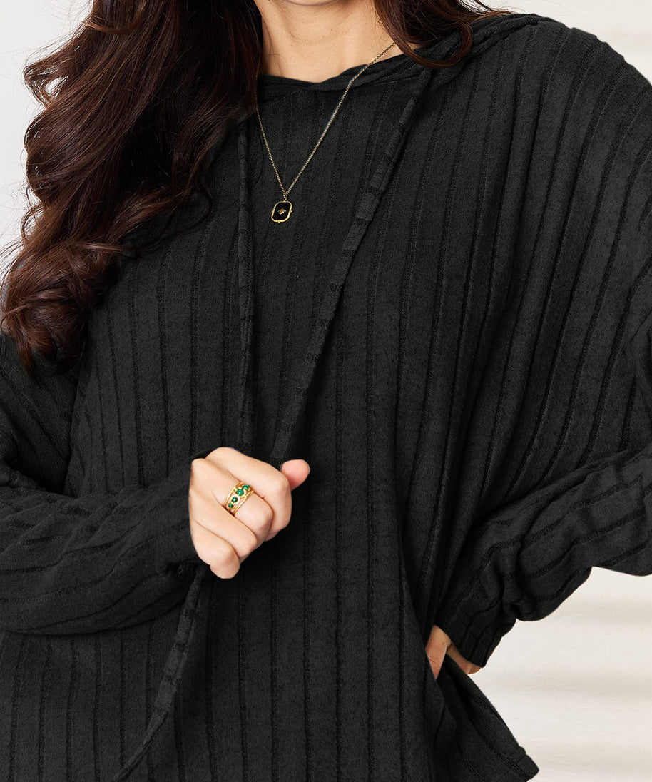 Basic Bae Full Size Ribbed Drawstring Hooded Top and Straight Pants Set