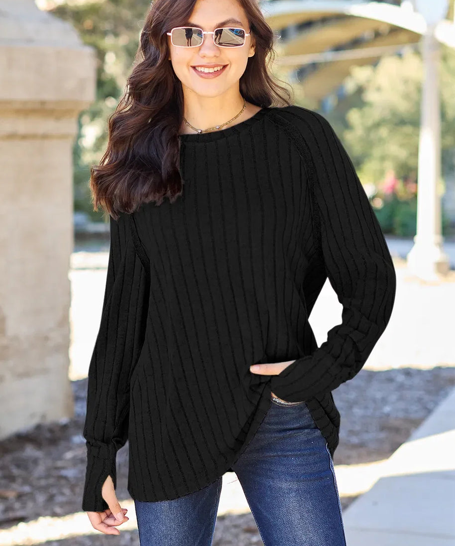 Basic Bae Full Size Ribbed Round Neck Long Sleeve Knit Top