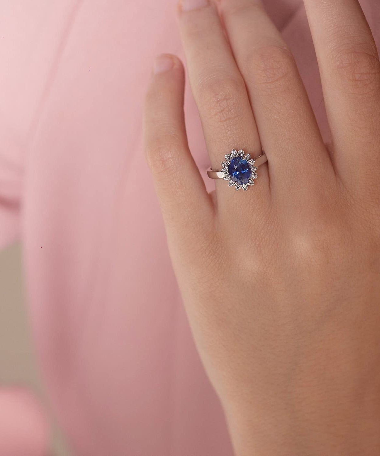Princess Diana Inspired 3.00CTW AGI Certified G/VS Lab-Grown Sapphire and Diamond Halo Ring in 14K White Gold