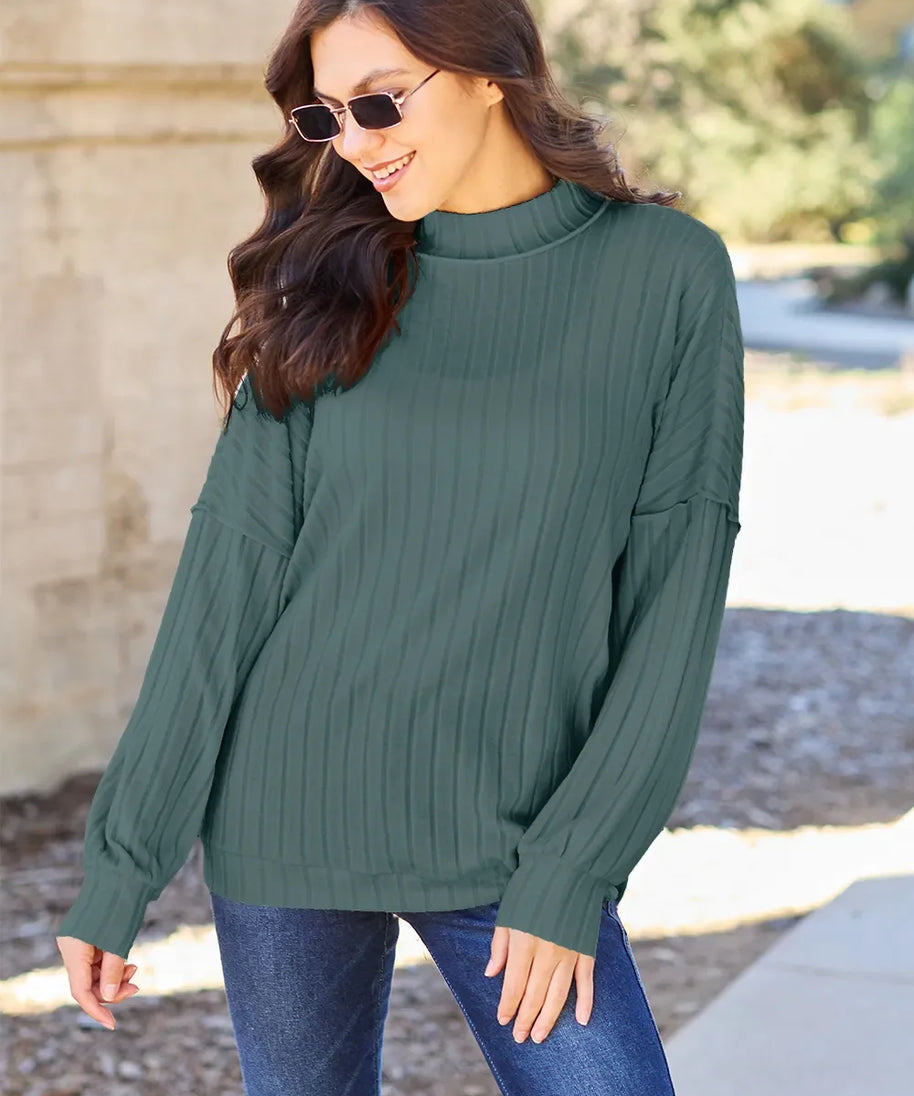 Basic Bae Full Size Ribbed Exposed Seam Mock Neck Knit Top