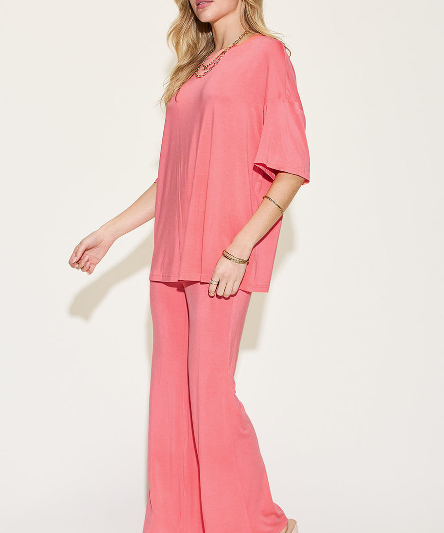 Basic Bae Full Size Bamboo Drop Shoulder T-Shirt and Flare Pants Set