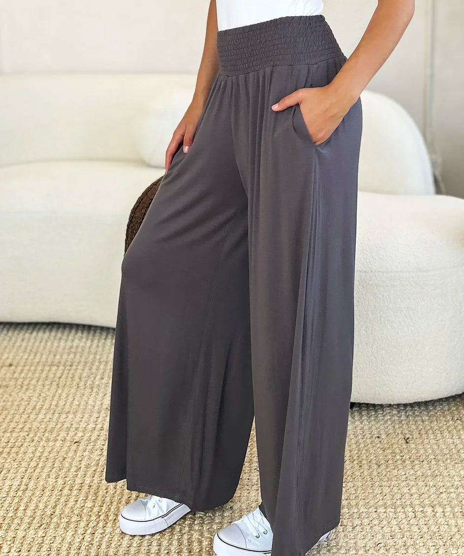Basic Bae Full Size Smocked Wide Waistband Wide Leg Pants