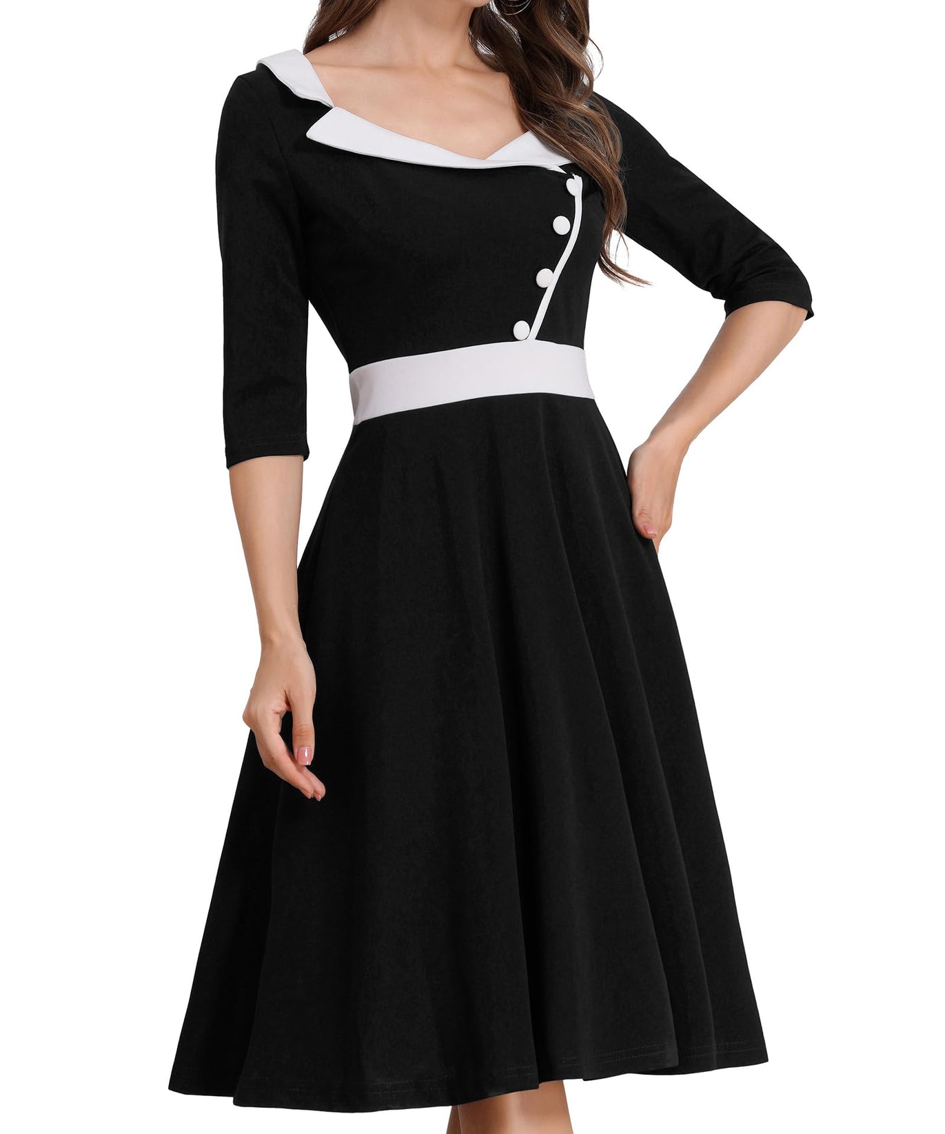 ODIZLI 1950s Dresses for Women Retro Dress 3/4 Sleeve Sweetheart Neckline Swing Midi Dress Cocktail Dress 50s Style Dresses for Women 1950s Church Dresses for Women 1940s Dress Black L