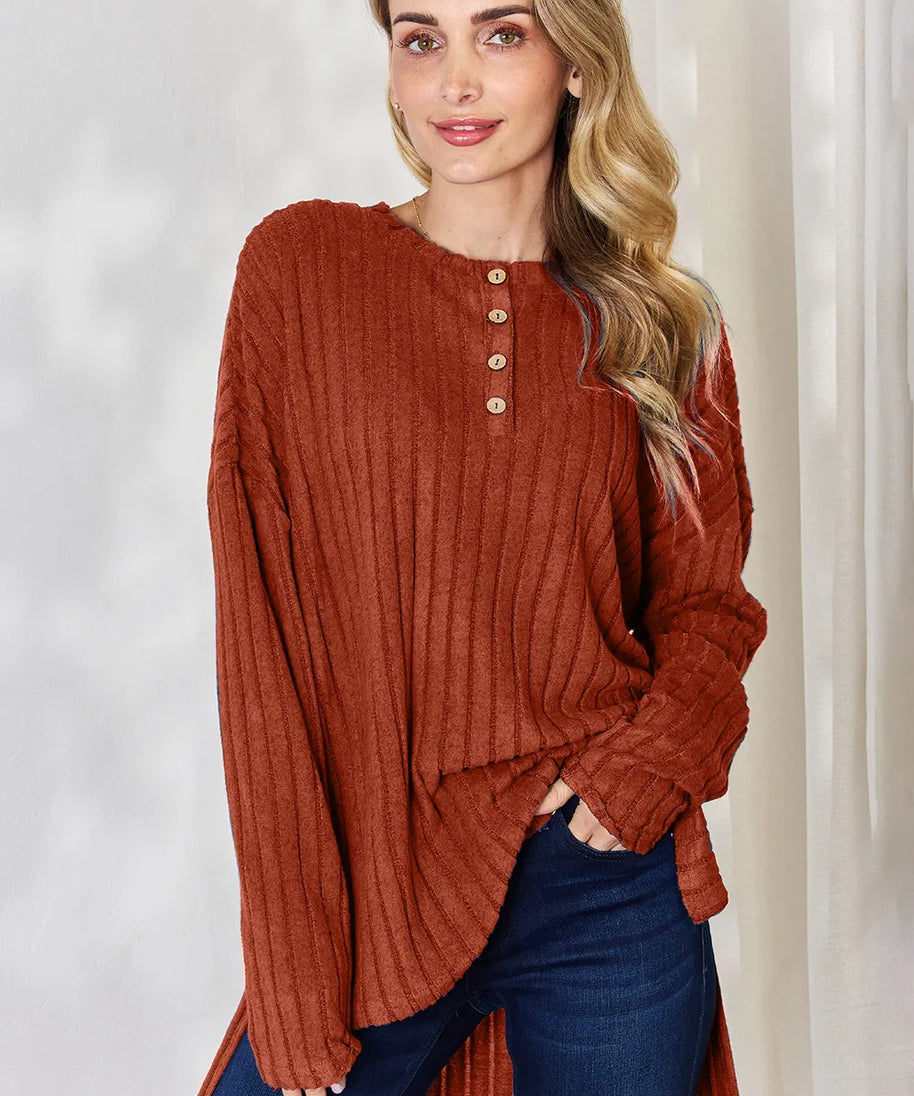 Basic Bae Full Size Ribbed Half Button Long Sleeve High-Low T-Shirt