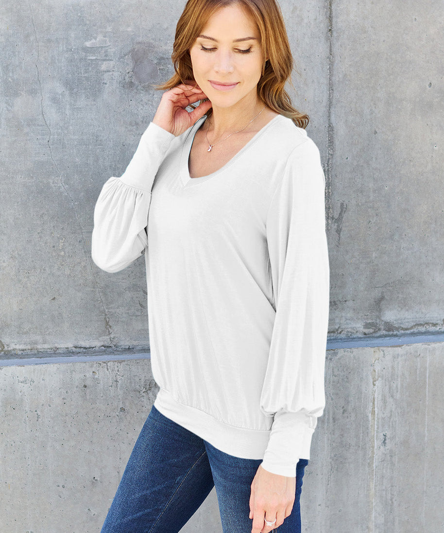 Basic Bae Full Size V-Neck Lantern Sleeve Top
