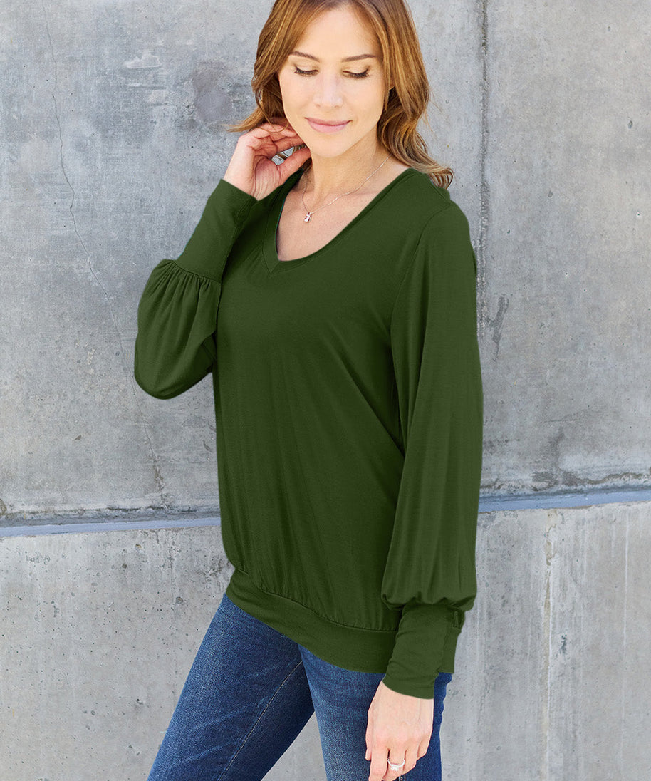 Basic Bae Full Size V-Neck Lantern Sleeve Top