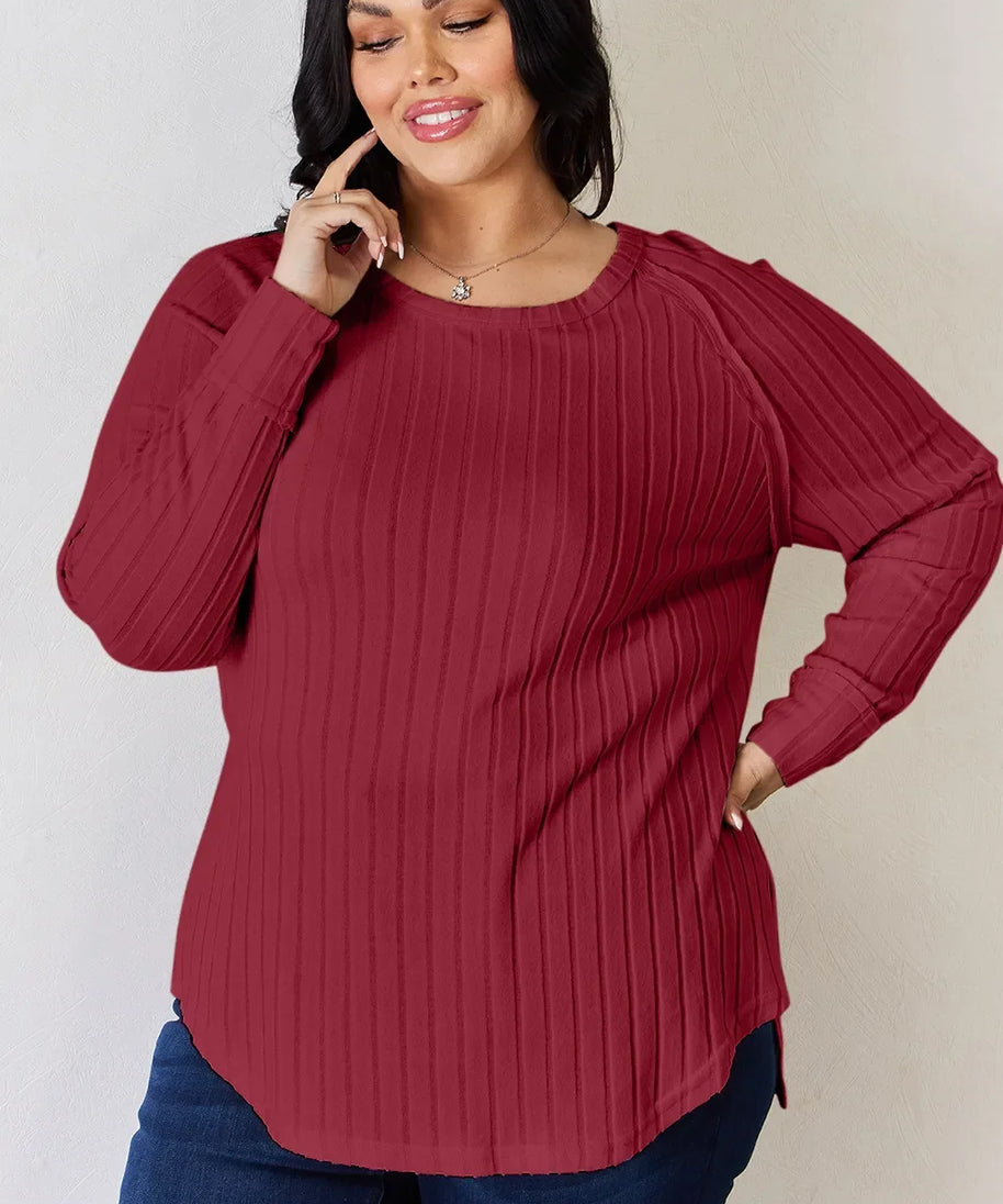 Basic Bae Full Size Ribbed Round Neck Slit T-Shirt