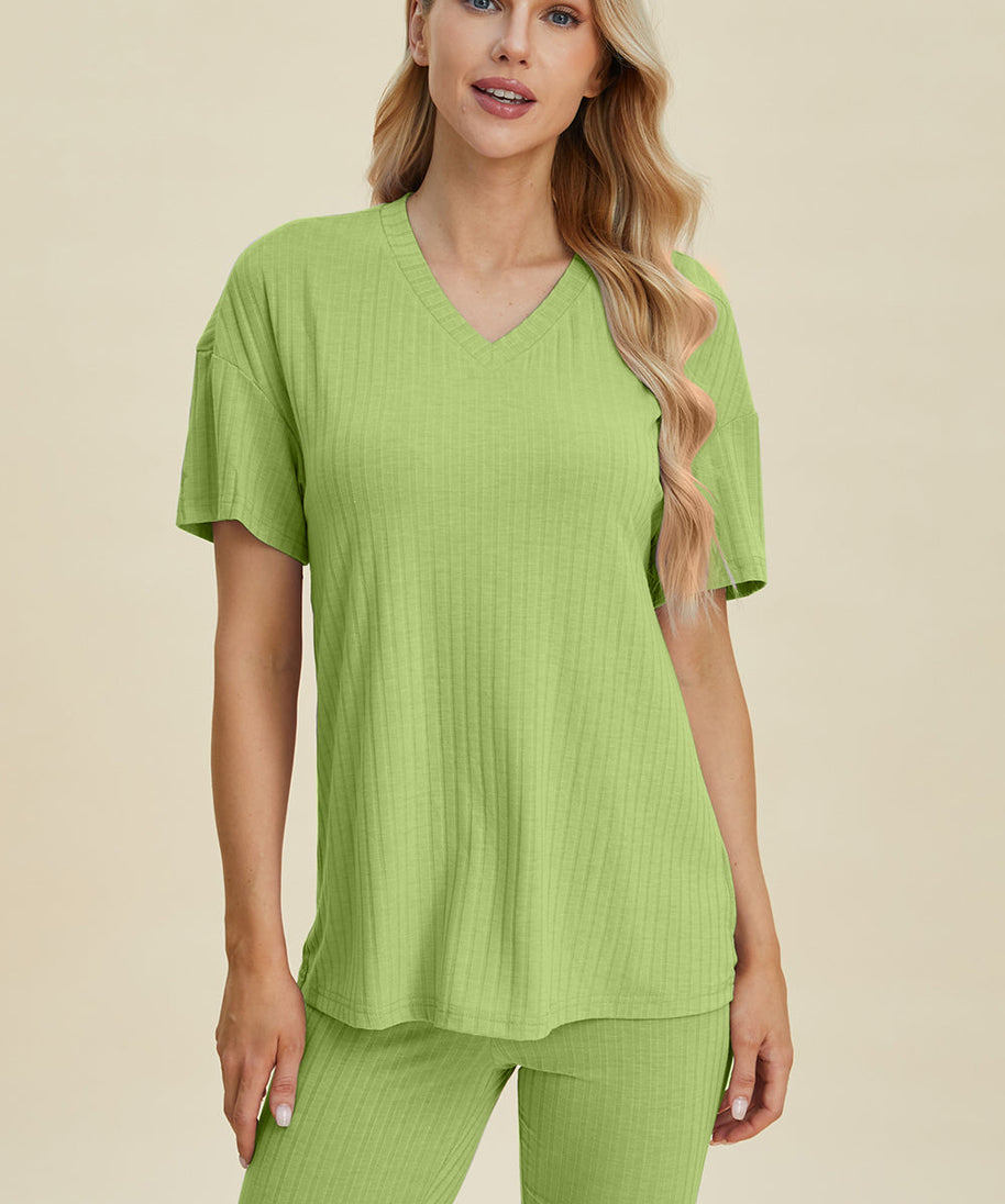 Basic Bae Full Size Ribbed V-Neck Short Sleeve Top and Shorts Set