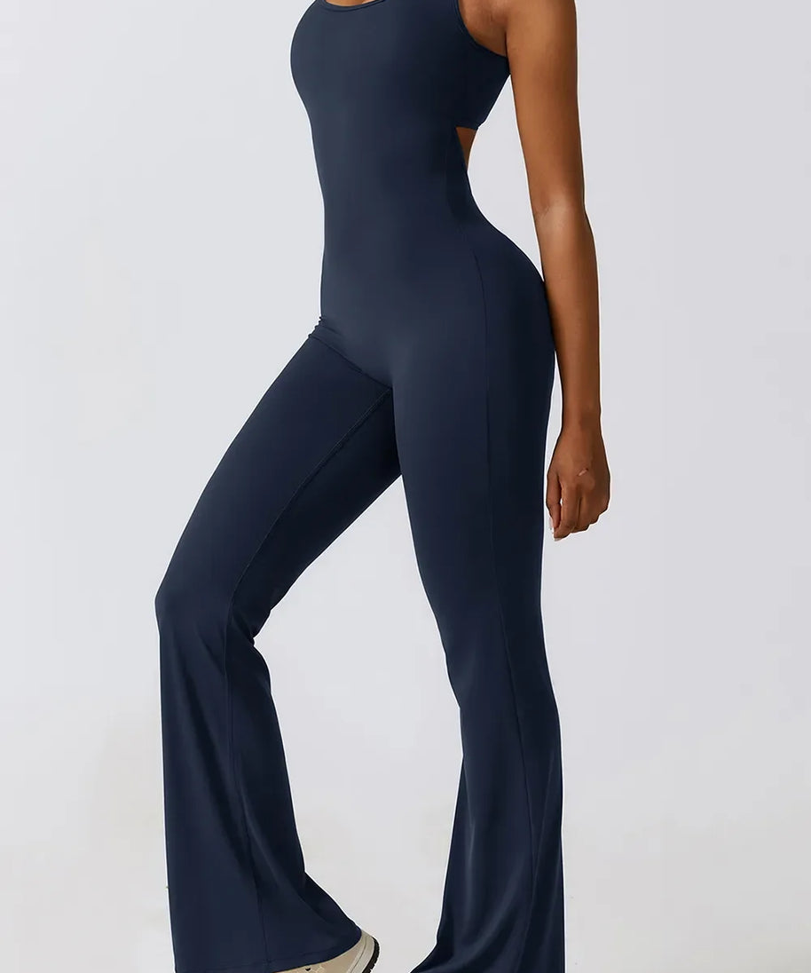 Basic Bae Cutout Ruched Bootcut Sleeveless Active Jumpsuit