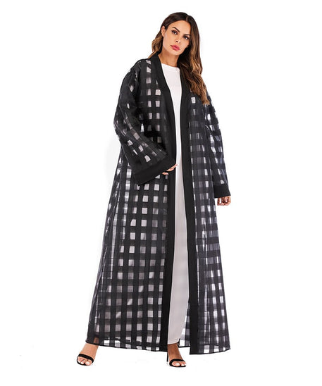 Muslim Plaid Loose Sleeve Lace-Up Robe for Women