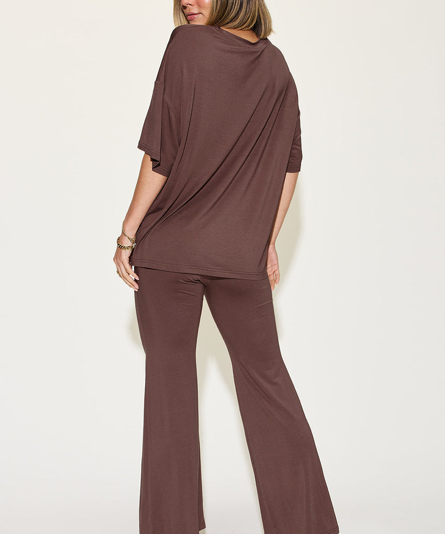 Basic Bae Full Size Bamboo Drop Shoulder T-Shirt and Flare Pants Set