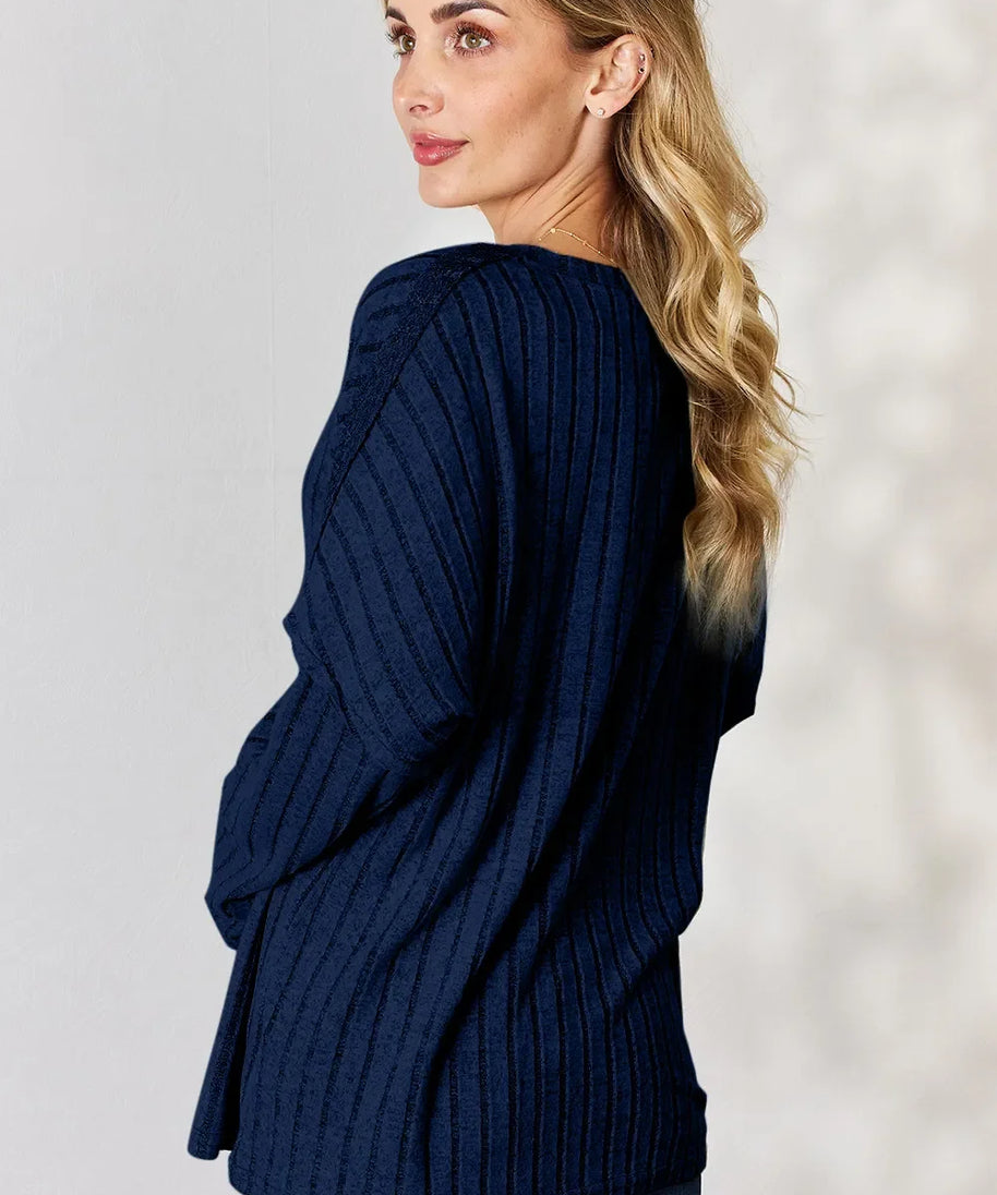 Basic Bae Full Size Ribbed Half Button Long Sleeve T-Shirt