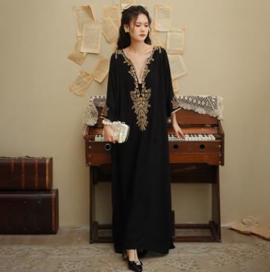 Embroidered Long Sleeve Belted Muslim Casual Skirt