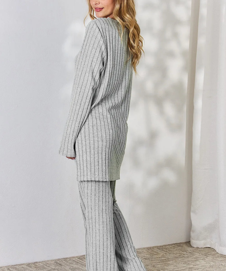 Basic Bae Full Size Ribbed High-Low Top and Wide Leg Pants Set