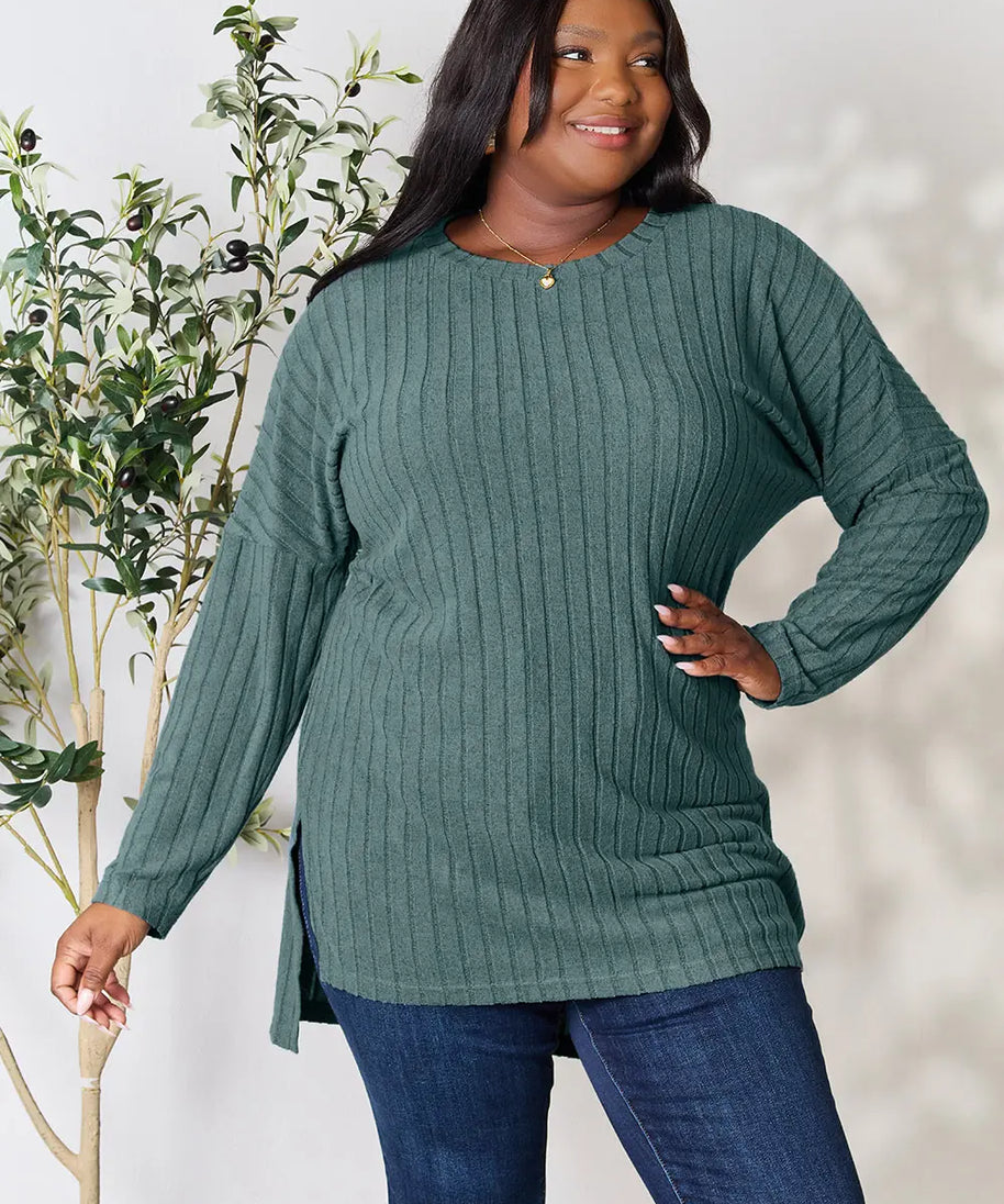 Basic Bae Full Size Ribbed Round Neck Long Sleeve Slit Top